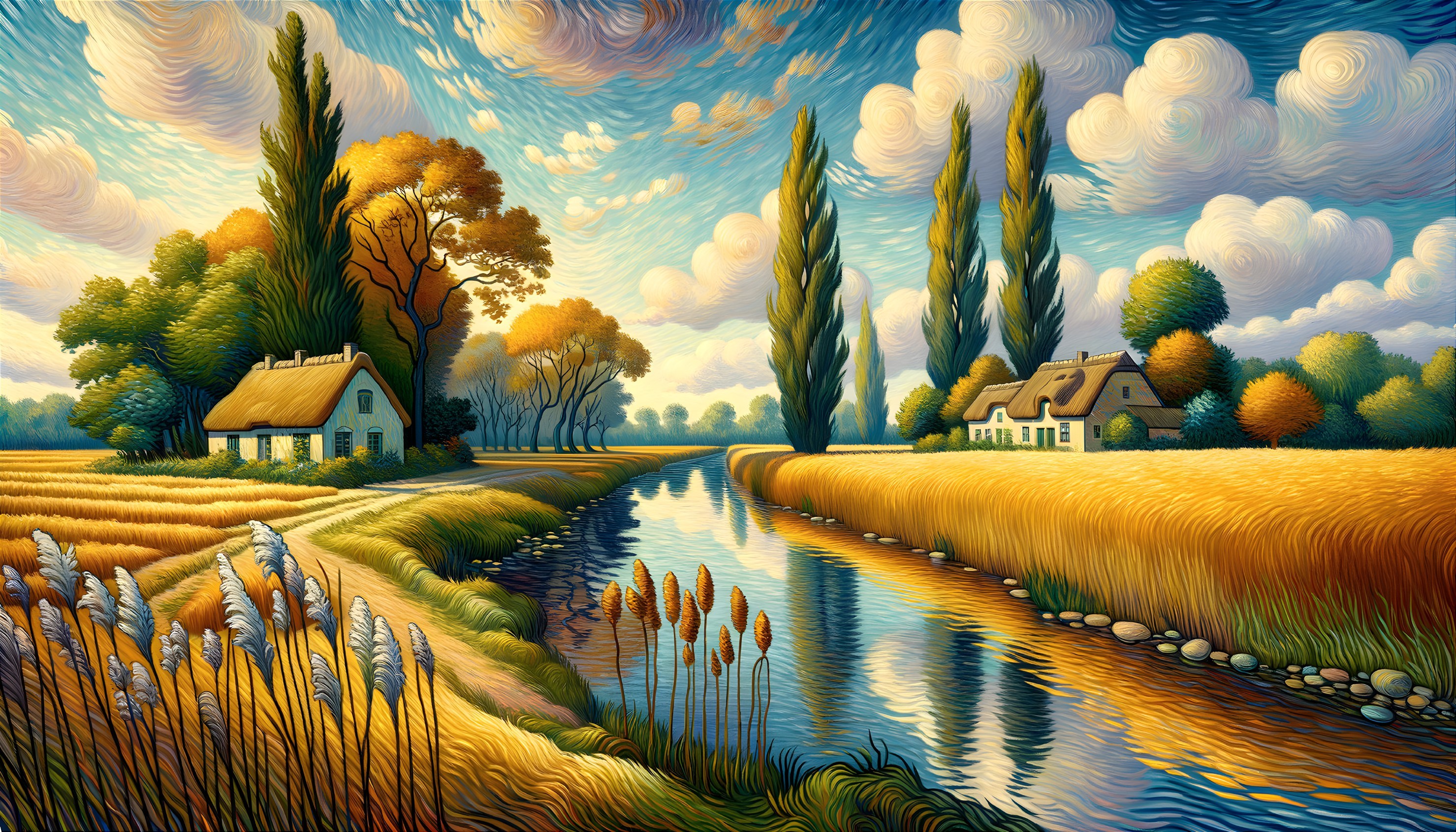 Vibrant Landscape with River and Charming Cottages
