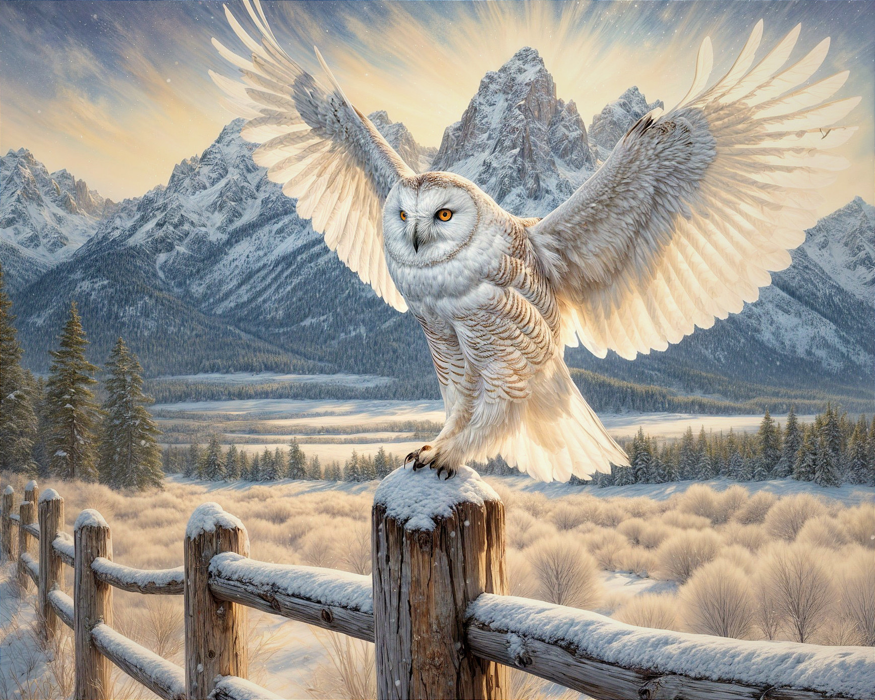 Snowy Owl on Fence Post in Winter Landscape
