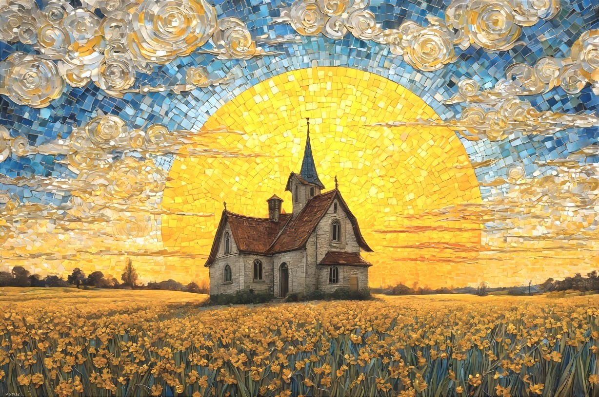 Picturesque Landscape with Stone Church and Sunrise