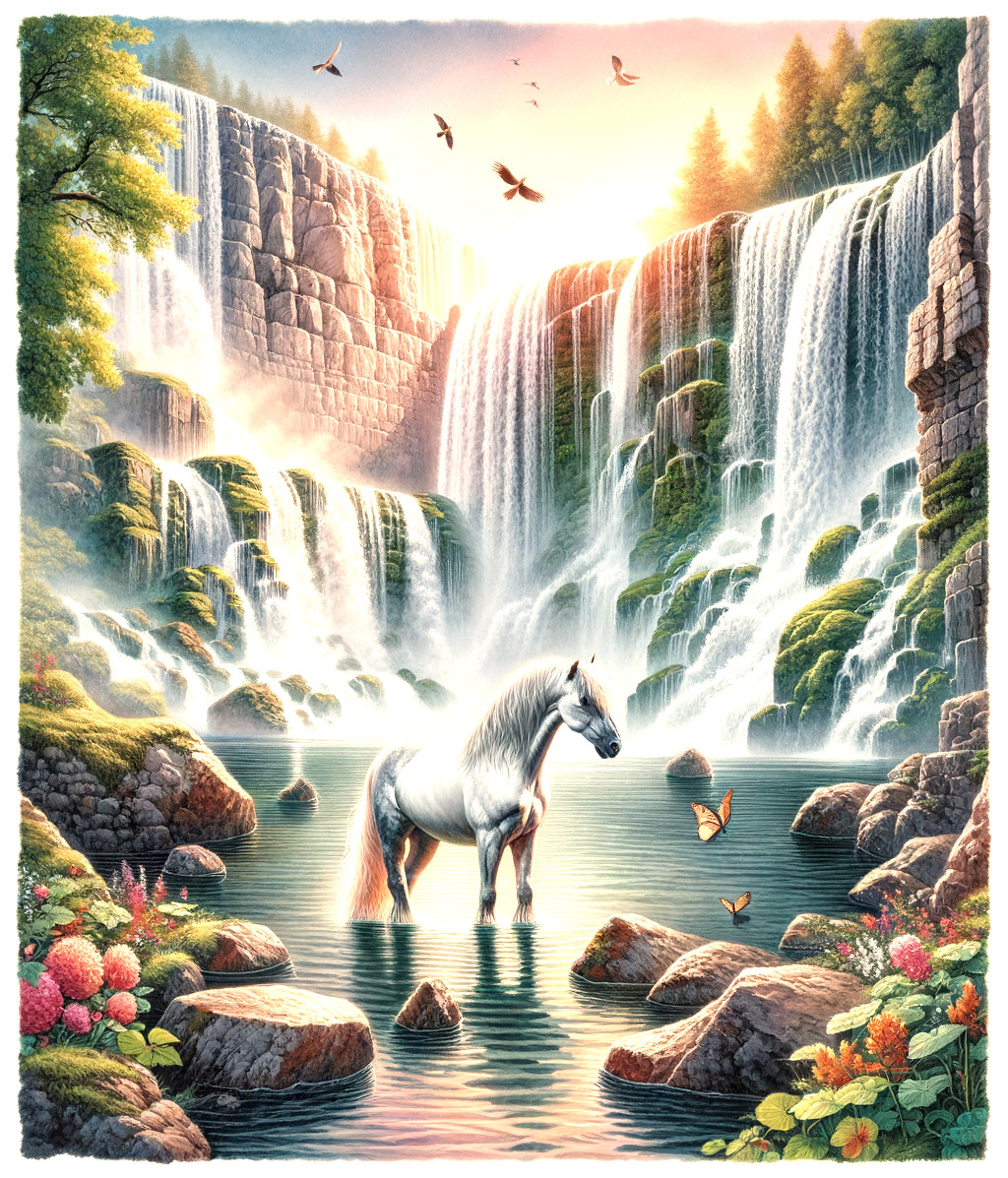 Majestic White Horse in Serene Landscape with Waterfalls