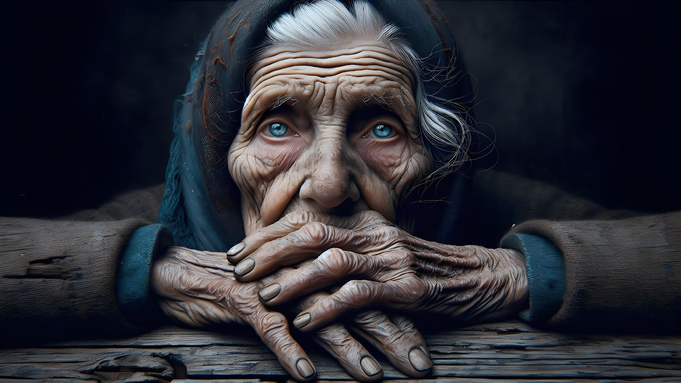 Elderly Woman with Blue Eyes and Dark Shawl Portrait