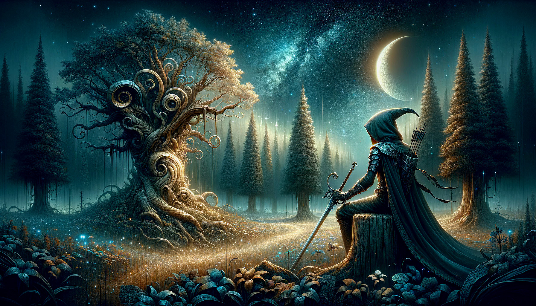 Hooded Figure with Sword in Mystical Forest Scene