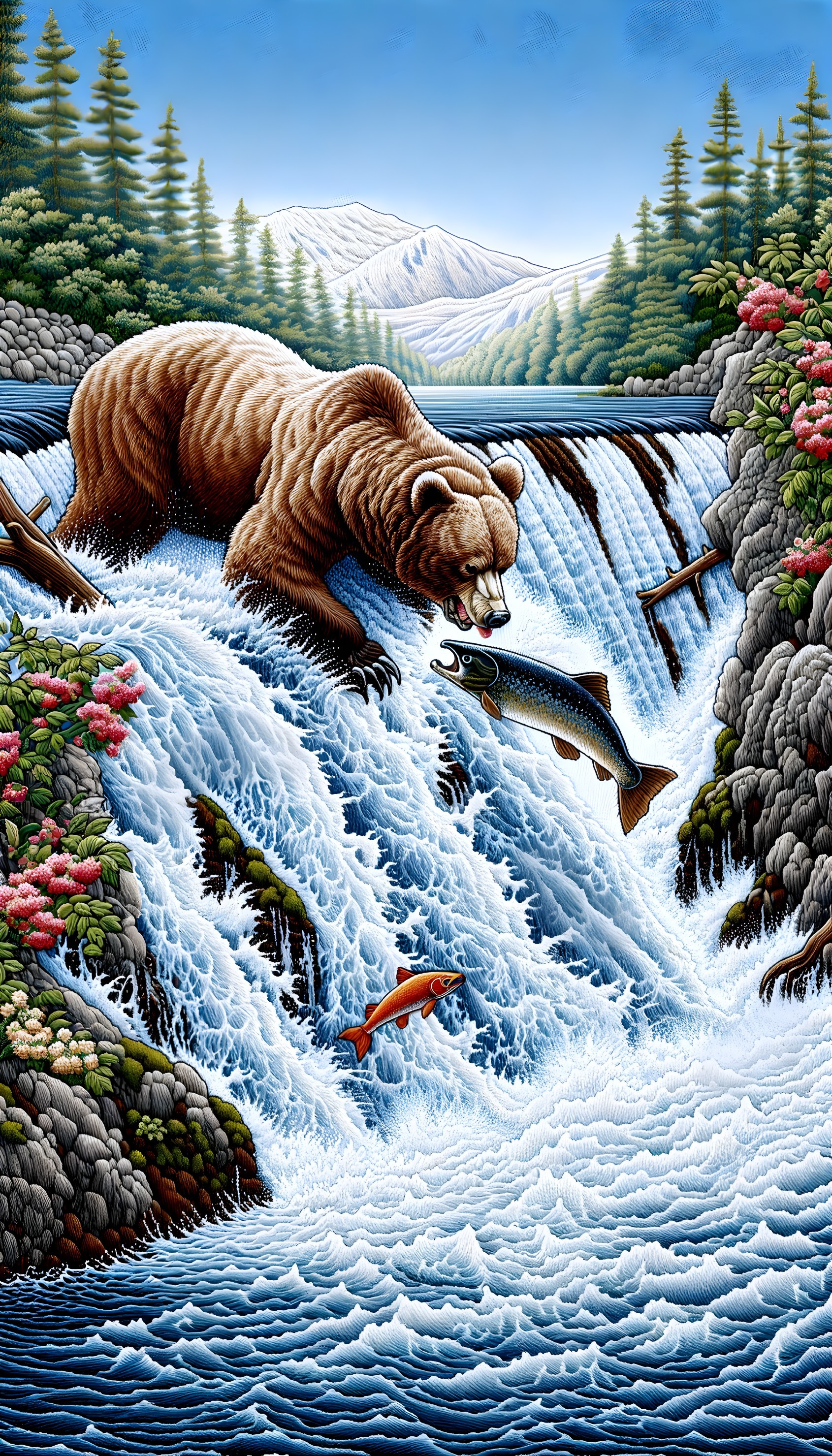 Bear catching fish at waterfall in lush landscape