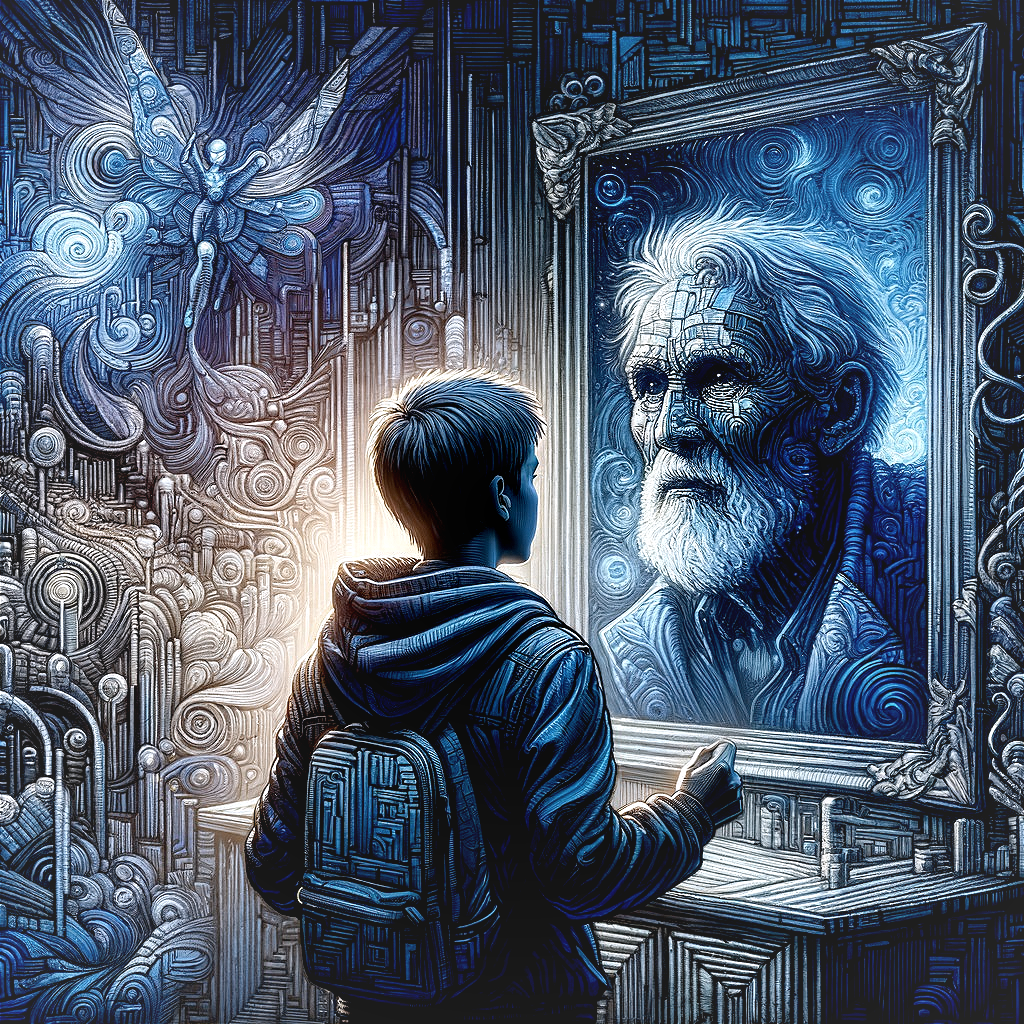 Young Boy and Elderly Man Reflected in Ornate Mirror