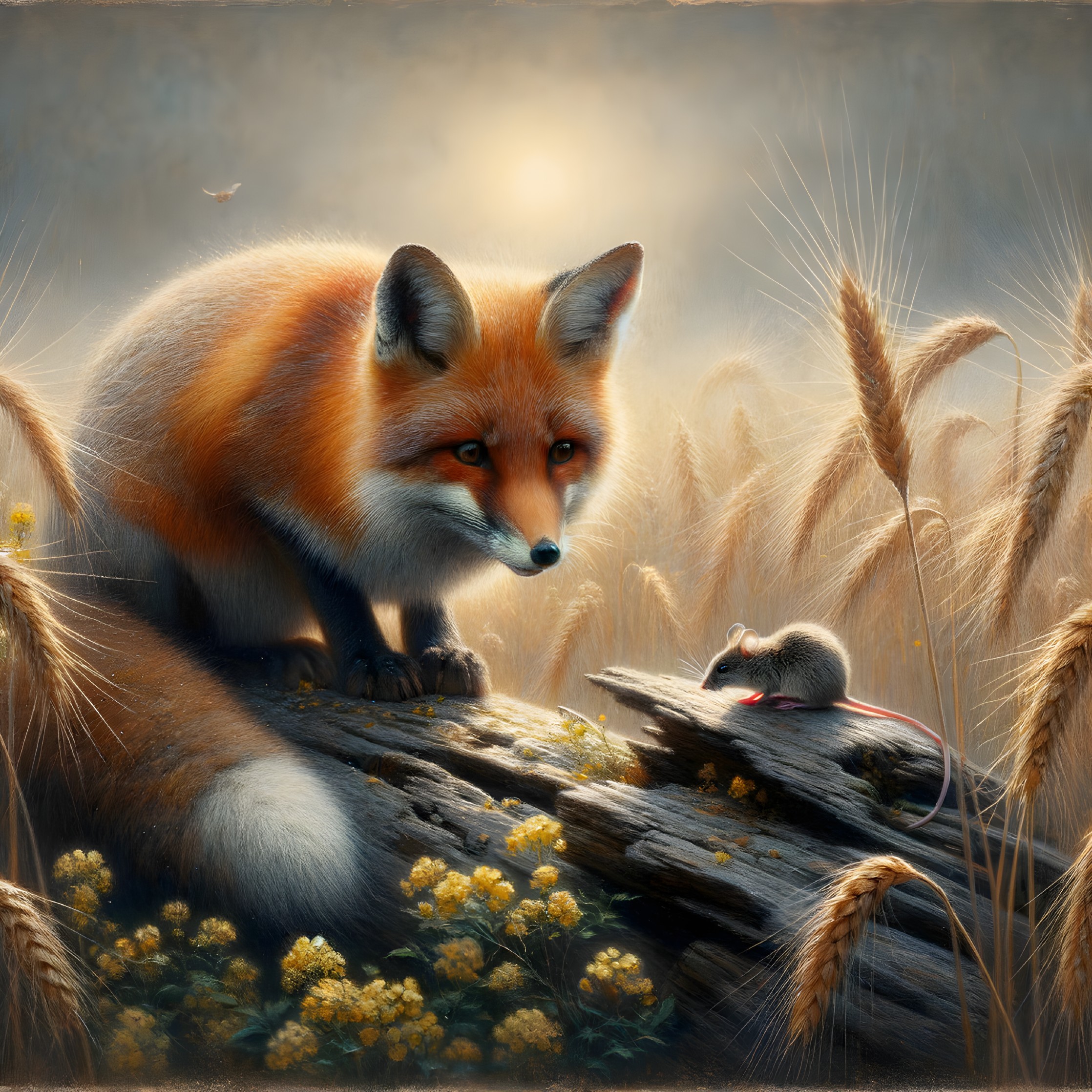 Red Fox and Mouse in a Serene Natural Landscape