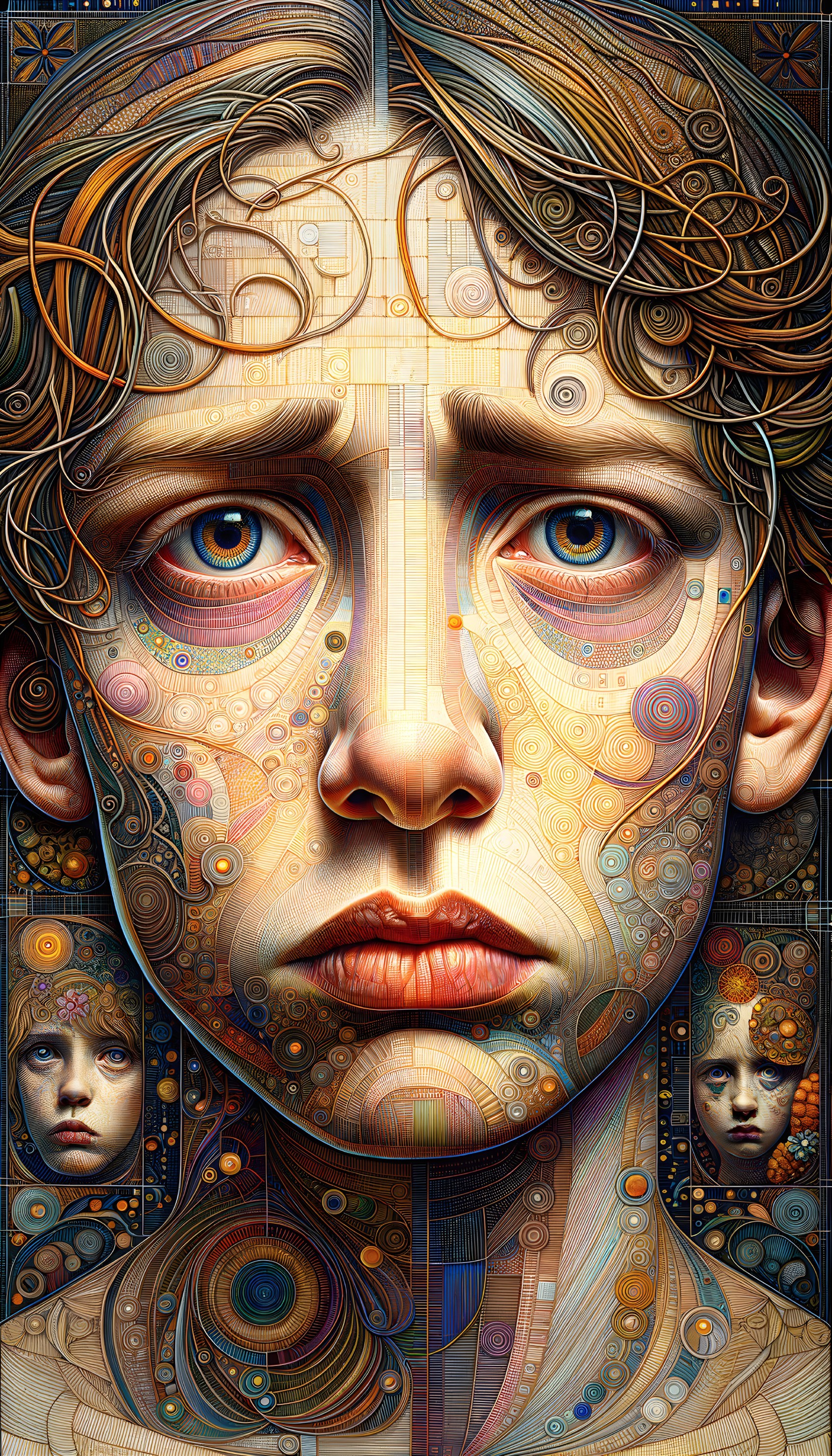 Surreal Portrait with Expressive Eyes and Patterns