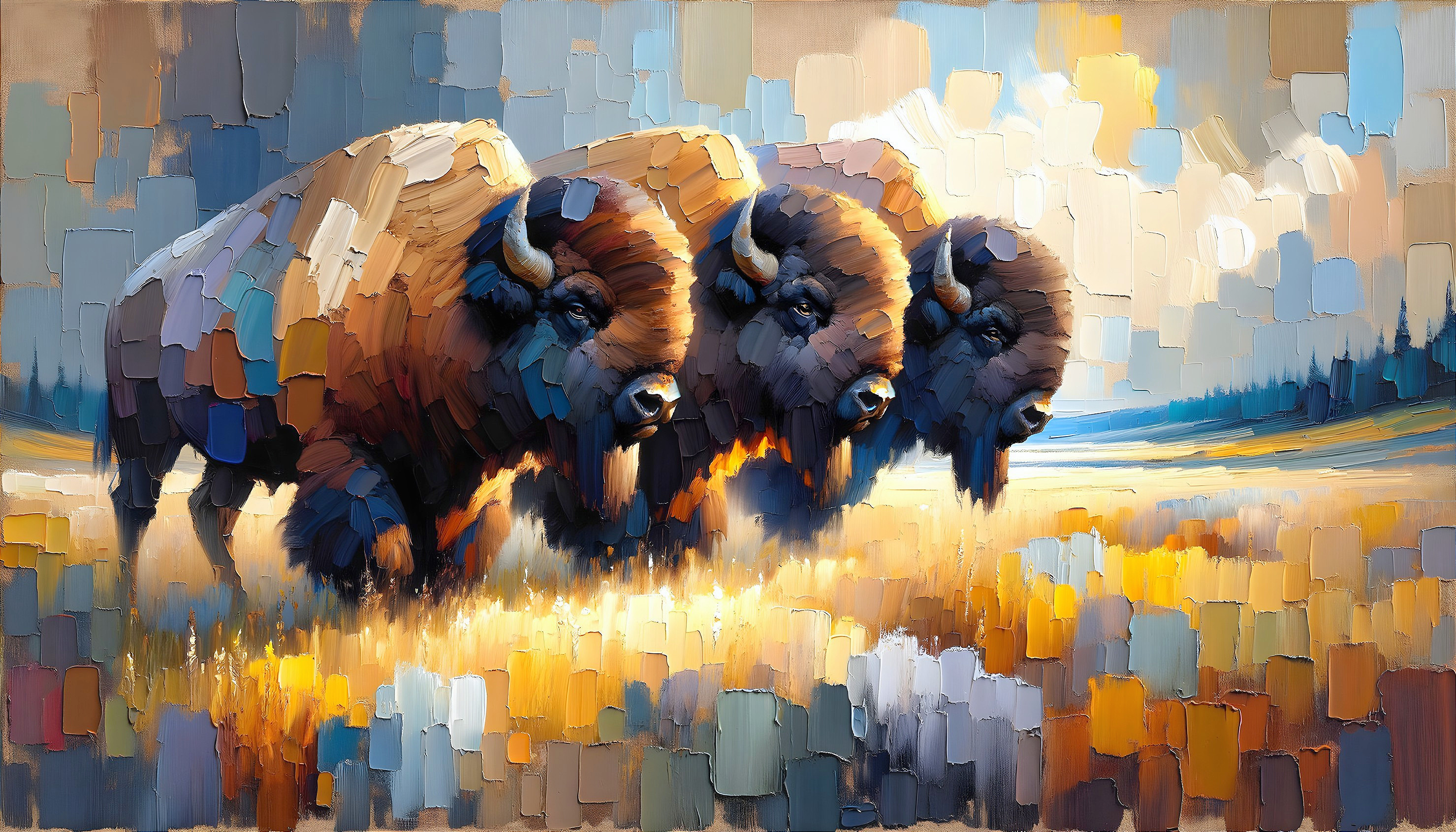 Impressionistic Painting of Bison in Golden Field