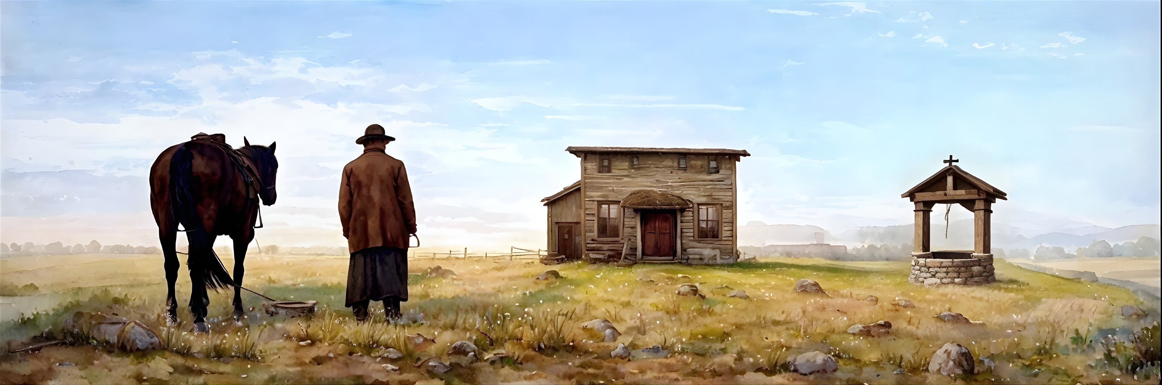 Lone Figure by Horse Near Rustic Farmhouse Landscape