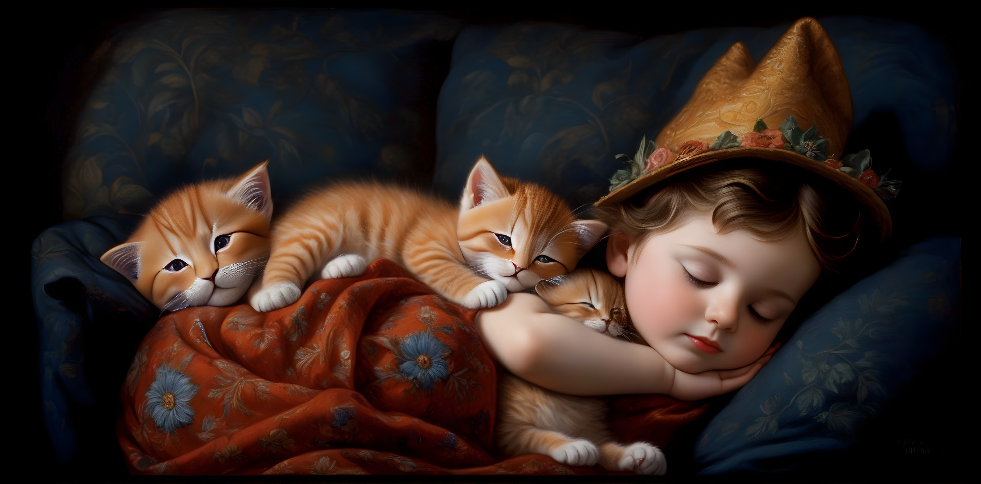 Child Sleeping with Golden Hat and Ginger Kittens on Blue Sofa