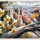 Robin on Twisted Branch with Daffodils and Cliffs