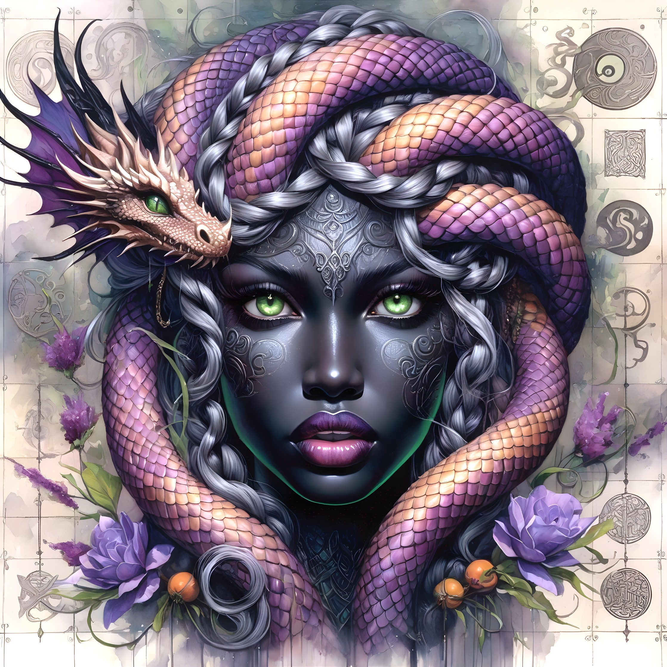 Fantasy portrait of a woman with green eyes and dragon-like creature in mystical setting