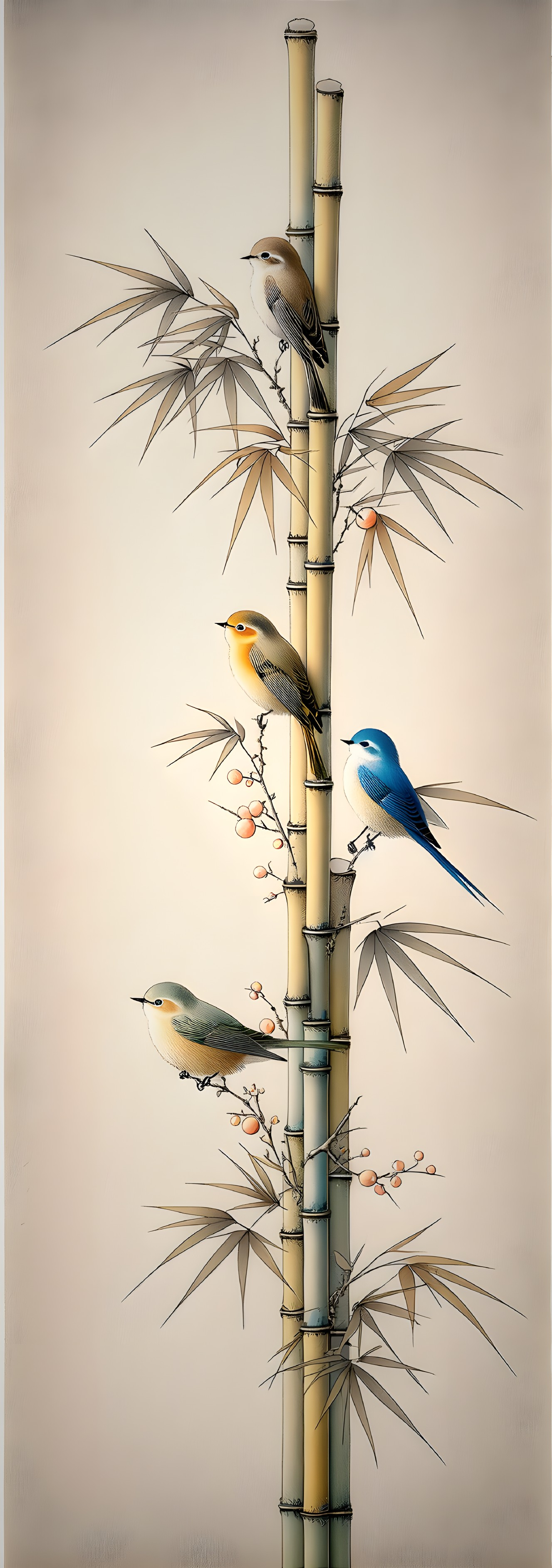 Colorful Birds on Bamboo Stalk with Leaves and Berries