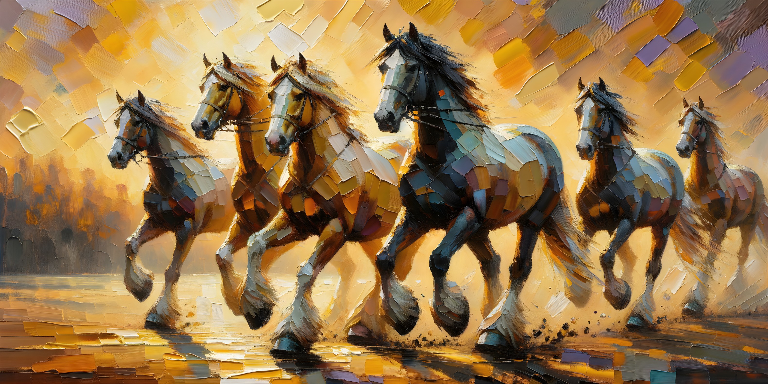Vibrant Painting of Five Majestic Trotting Horses