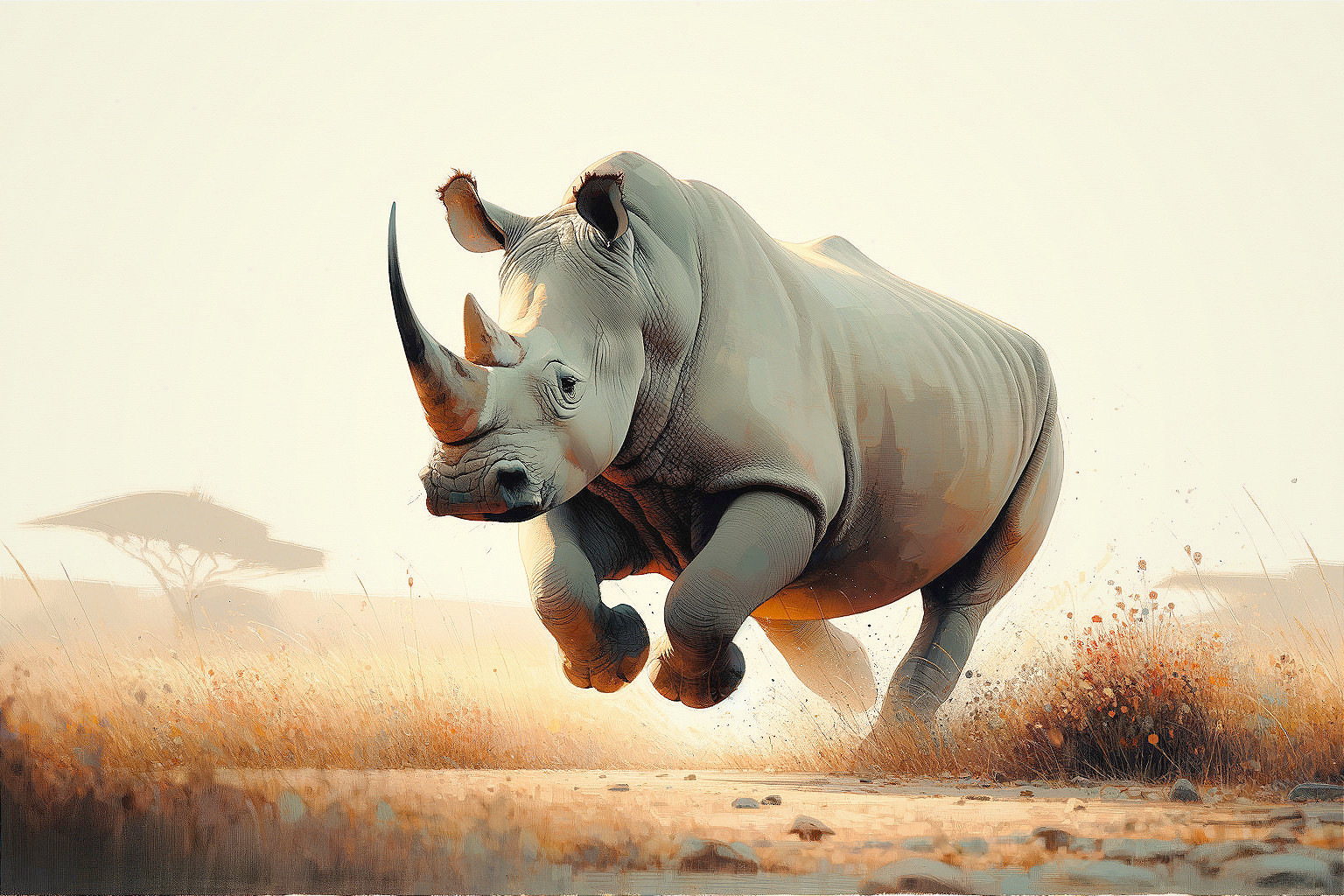 Rhinoceros Running Across Sunlit Savanna Landscape