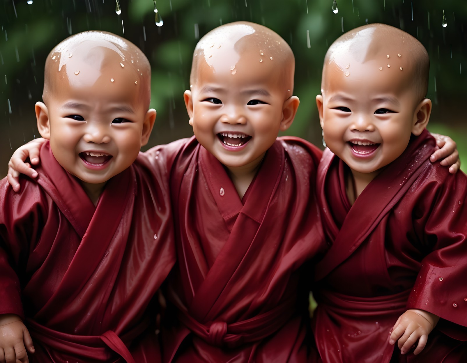 Cheerful children in burgundy robes amidst greenery