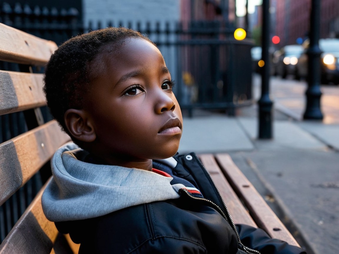Young Boy on Bench in Urban Sunset Scene
