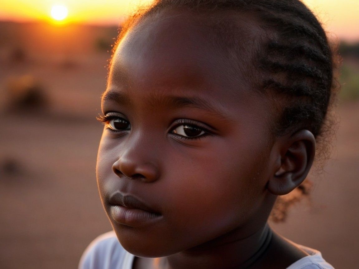 Child with Braided Hair in Contemplative Pose at Sunset