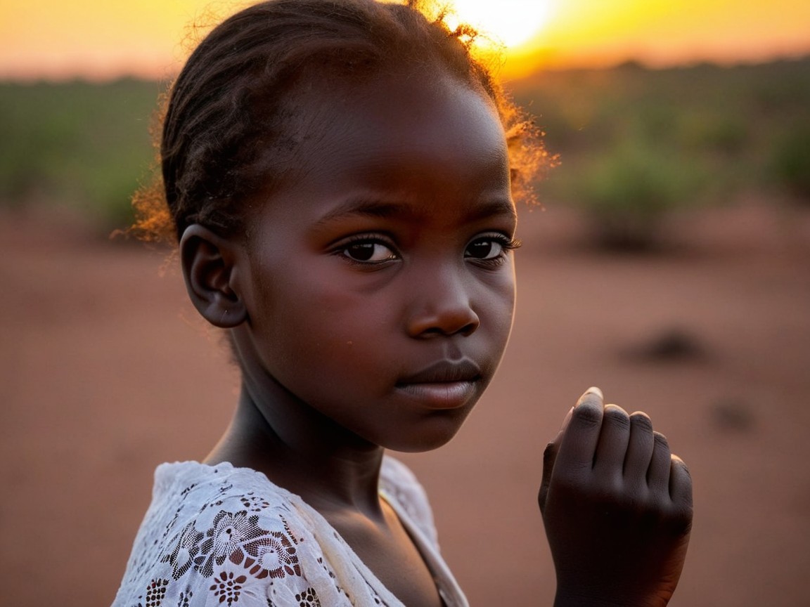 Young girl in golden sunset with serene expression