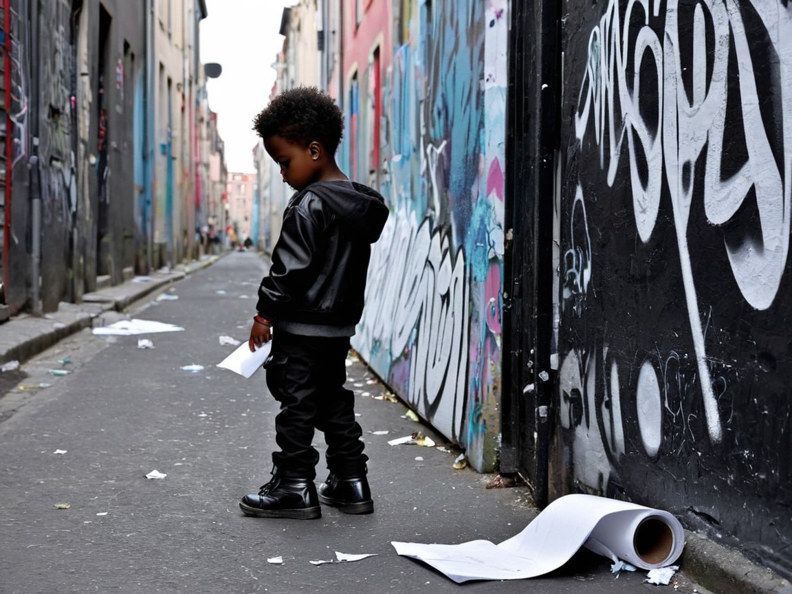 Child in Urban Alley Surrounded by Graffiti