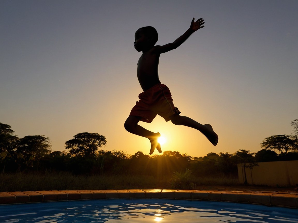 Silhouette of a boy jumping into a pool at sunset