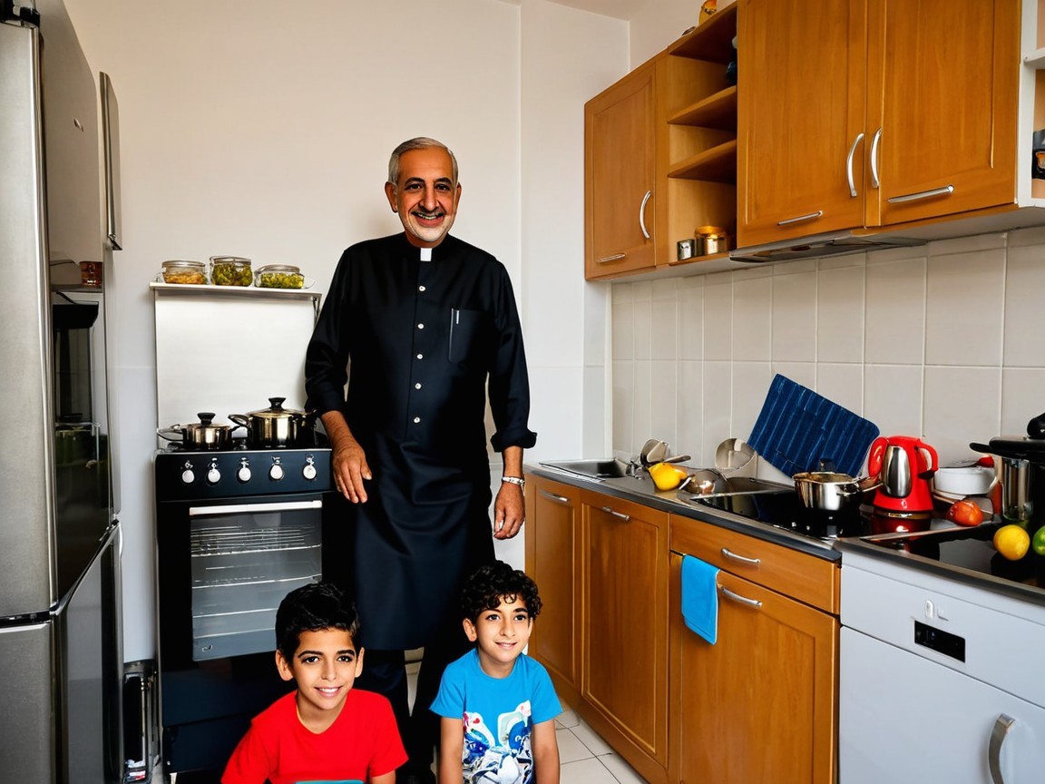 Bright Kitchen Scene with Smiling Man and Two Boys