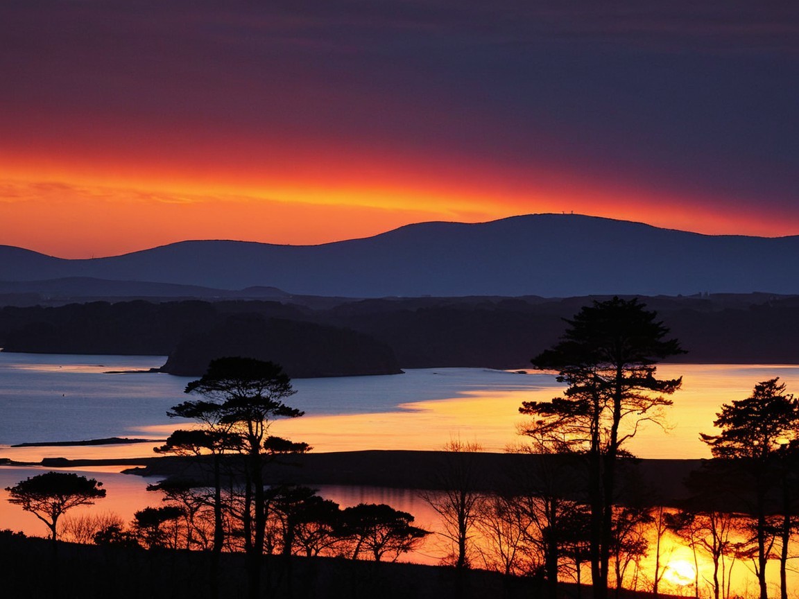 Serene Sunset Landscape with Reflective Water and Trees