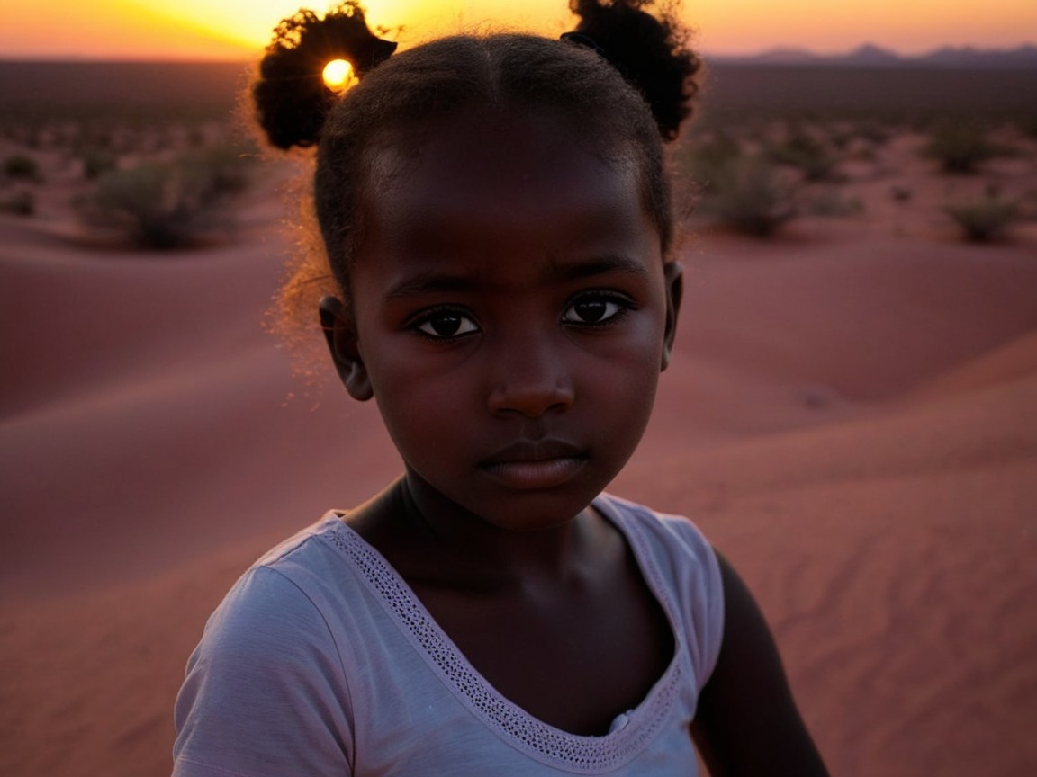 Young girl in desert at sunset with vibrant colors