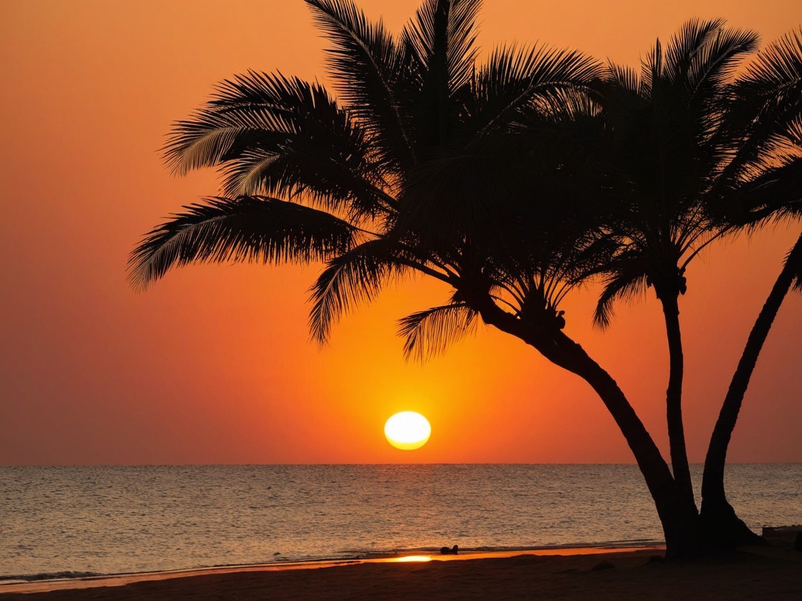 Serene Beach Sunset with Palm Trees and Calm Ocean