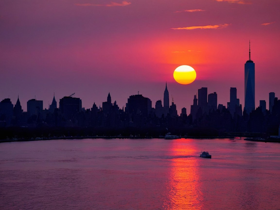 Vibrant Sunset Over City Skyline and Calm Waters