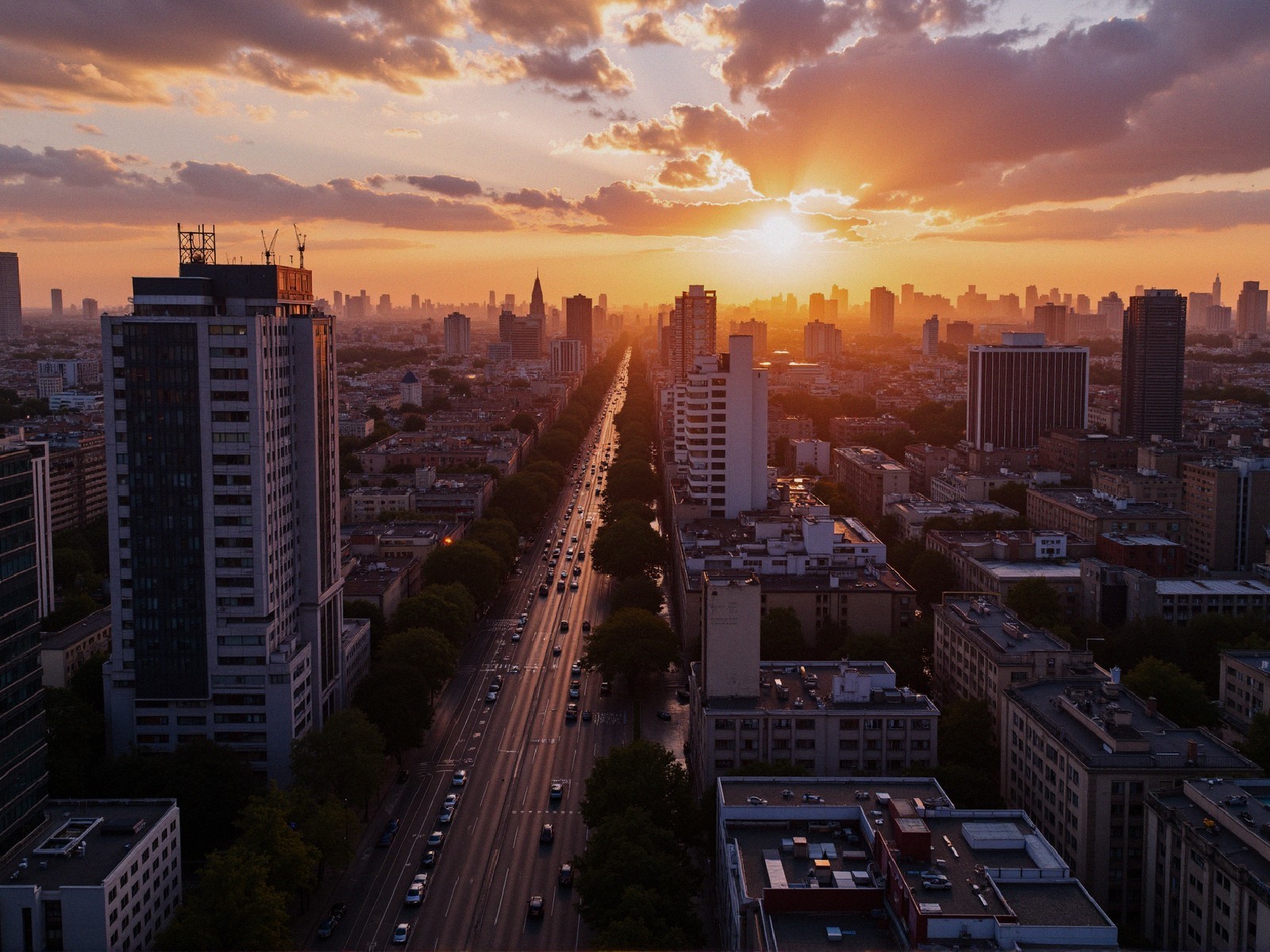 Sunset Over Cityscape with Golden Hues and Clouds