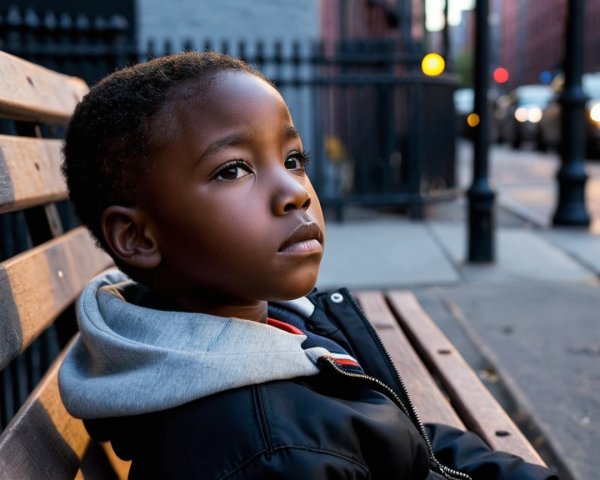 Young Boy on Bench in Urban Sunset Scene