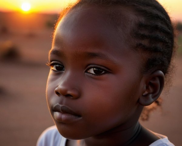 Child with Braided Hair in Contemplative Pose at Sunset