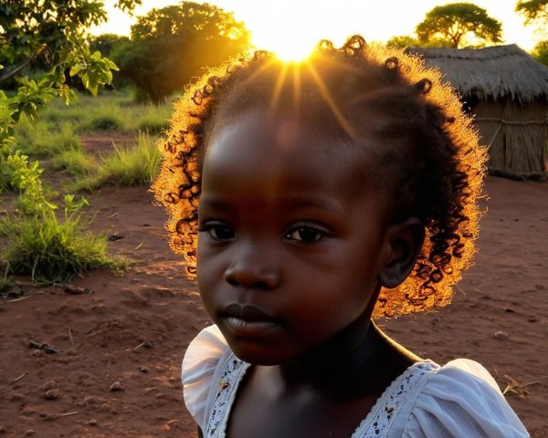 Young Girl in White Dress Against Golden Sunset