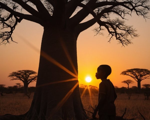 Silhouette of Boy by Baobab Tree at Sunset