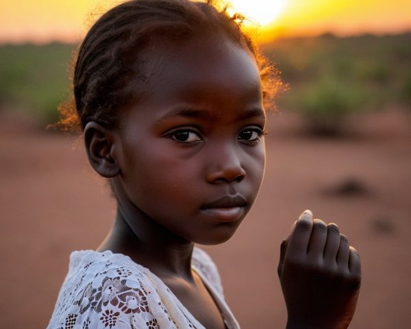 Young girl in golden sunset with serene expression