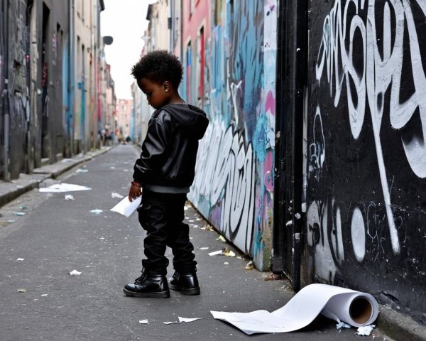 Child in Urban Alley Surrounded by Graffiti