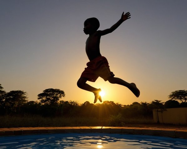 Silhouette of a boy jumping into a pool at sunset