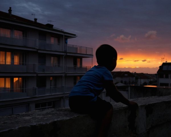 Child Silhouette Overlooking Vibrant Sunset Scene