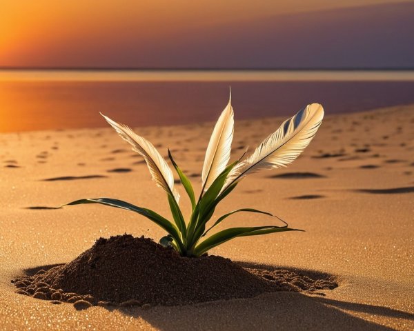 Unique plant on serene beach at sunset with feathers