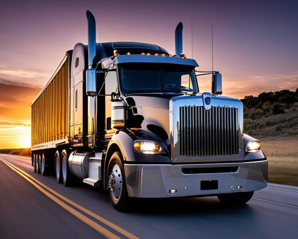Black Truck with Yellow Trailer Against Sunset Sky