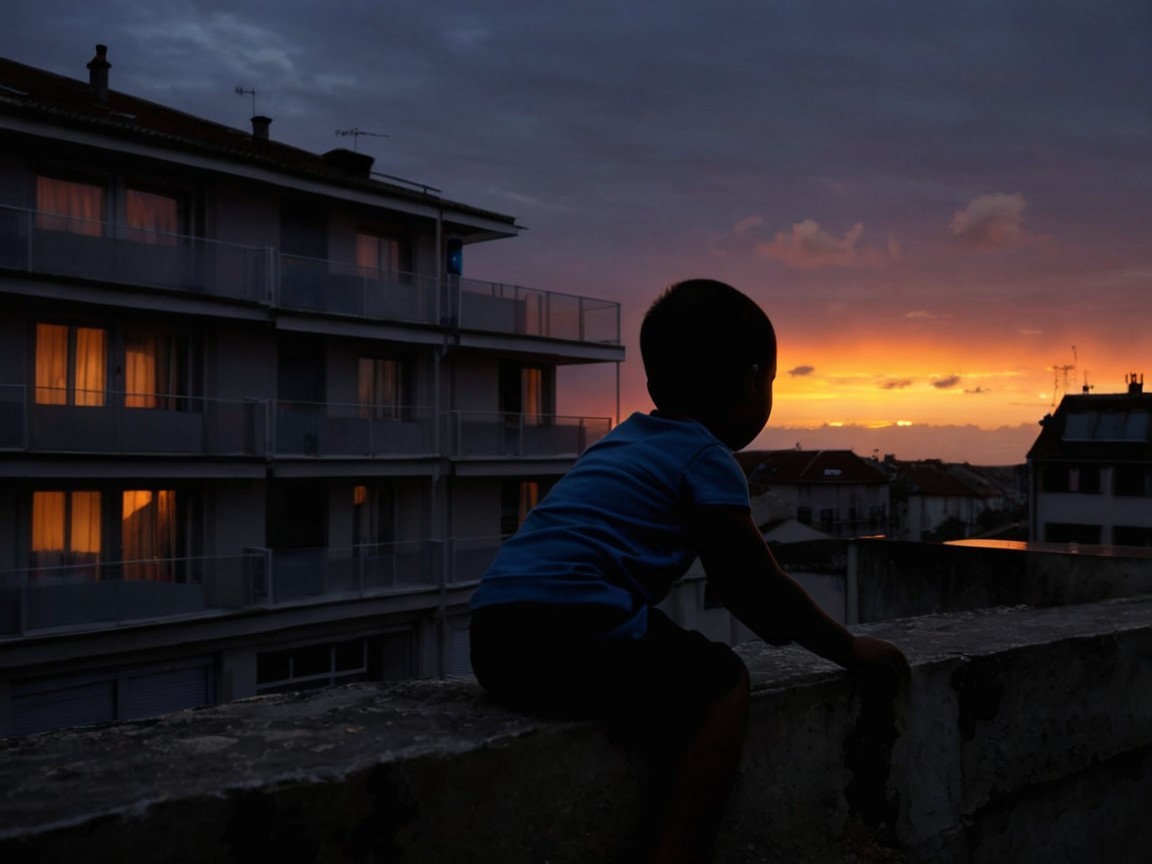 Child Silhouette Overlooking Vibrant Sunset Scene