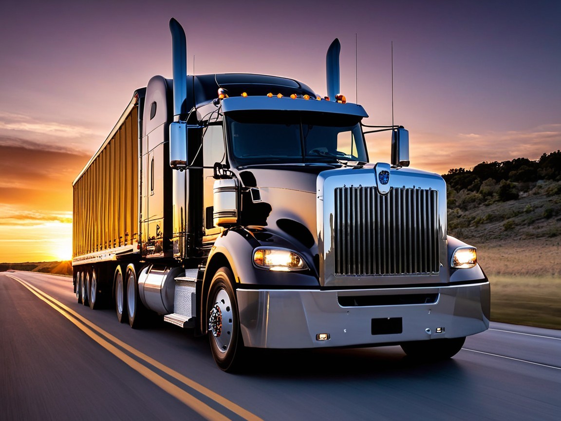 Black Truck with Yellow Trailer Against Sunset Sky