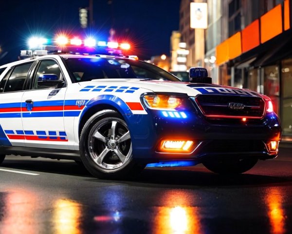 Sleek police car parked on a wet city street at night