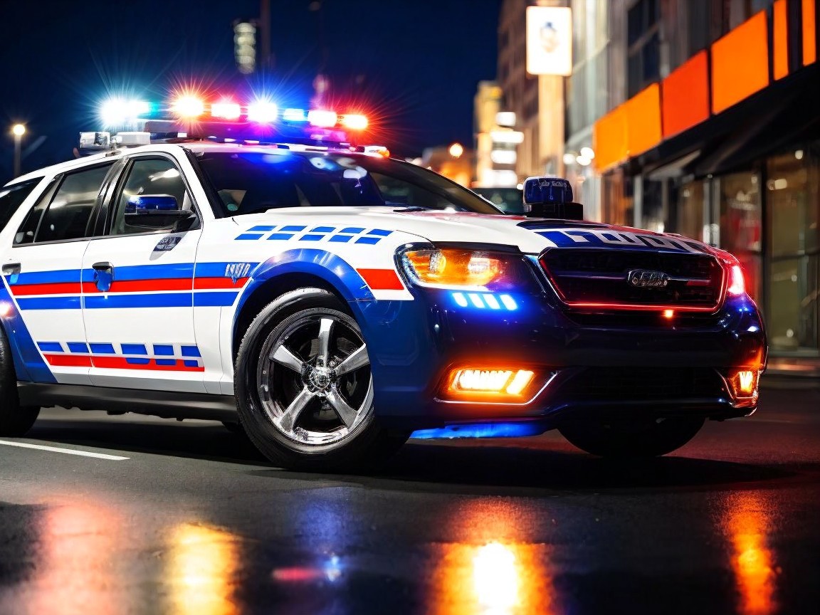 Sleek police car parked on a wet city street at night