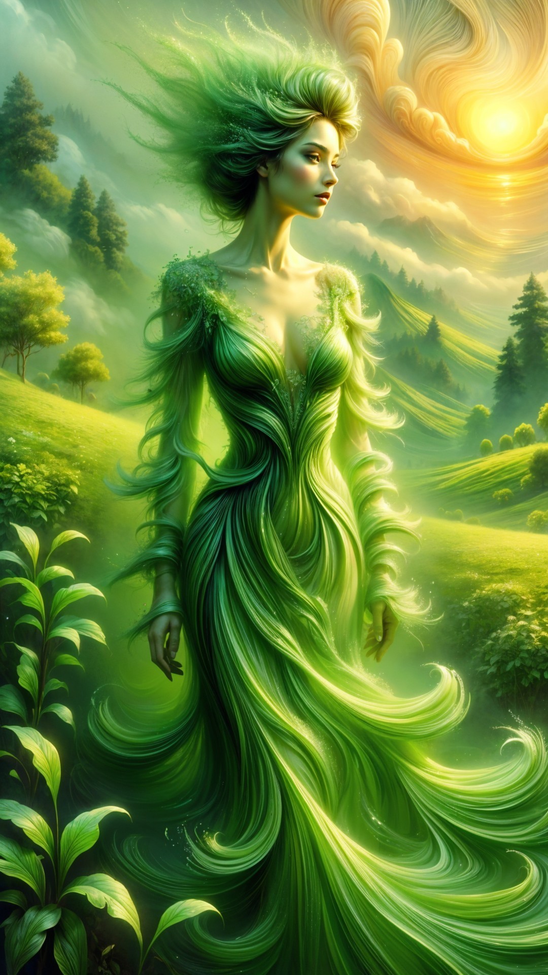 Mystical Figure in Lush Verdant Landscape Scene