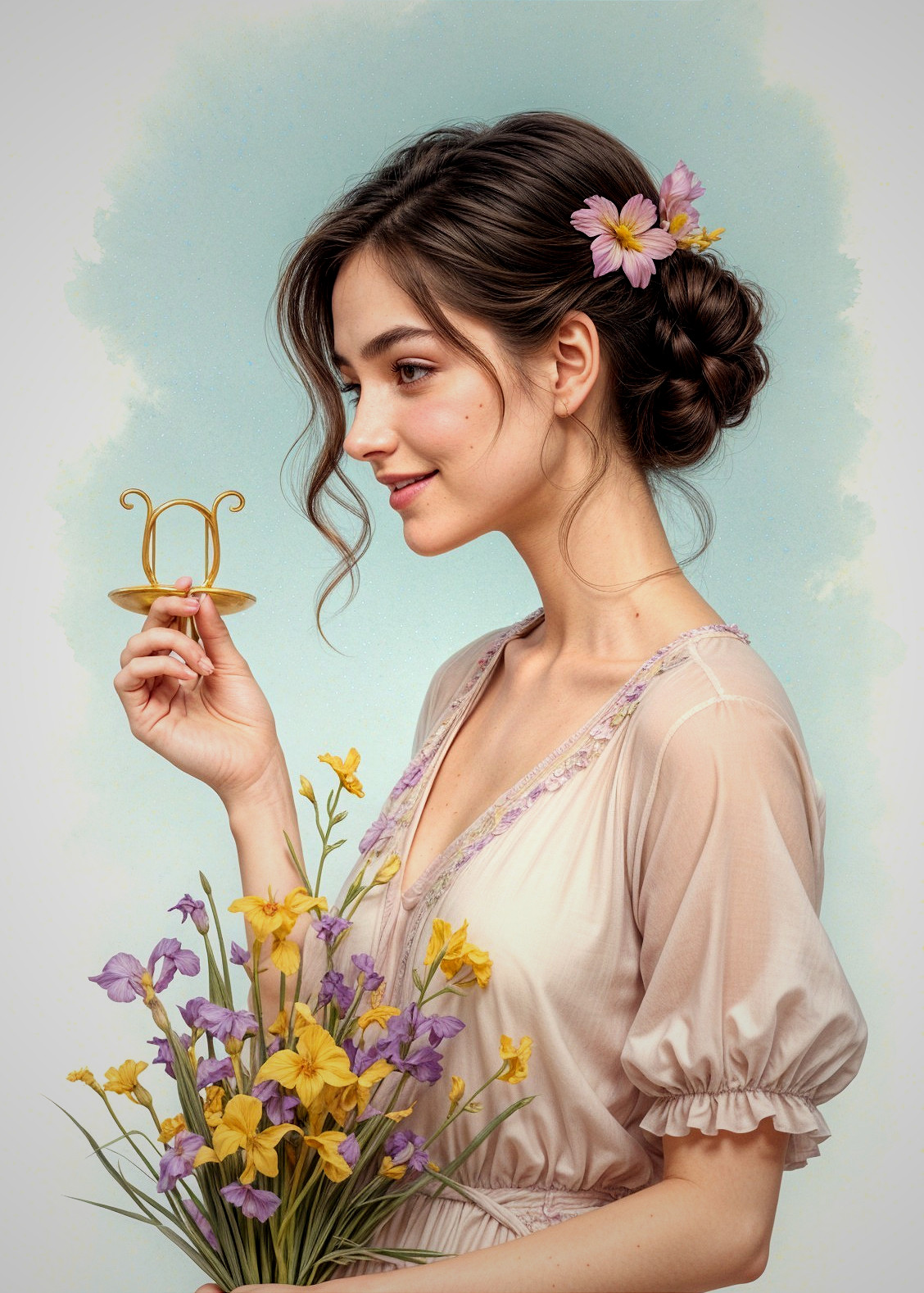 Elegant Woman with Flowers and Golden Stand