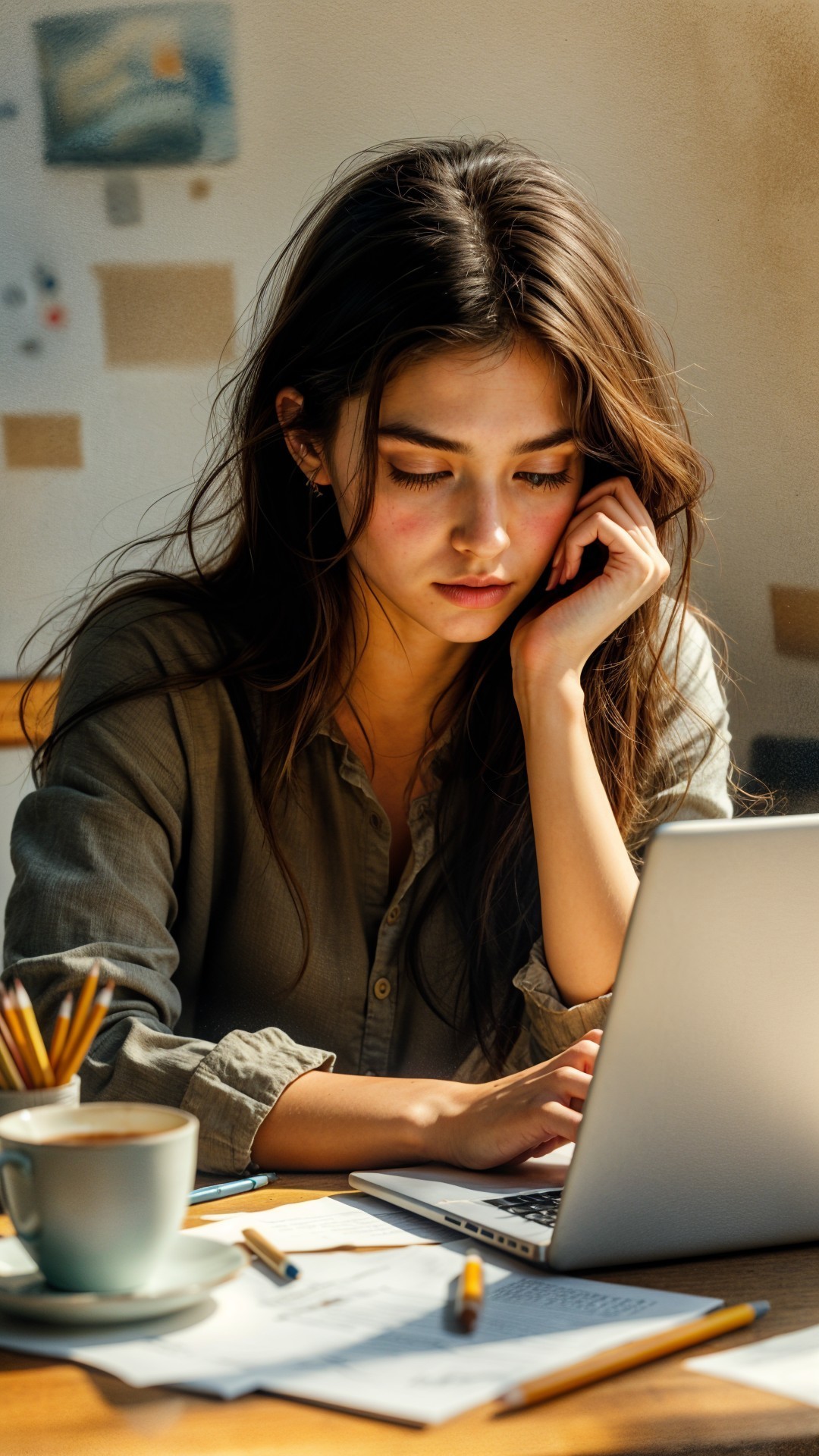 Young woman at desk with laptop and coffee cup