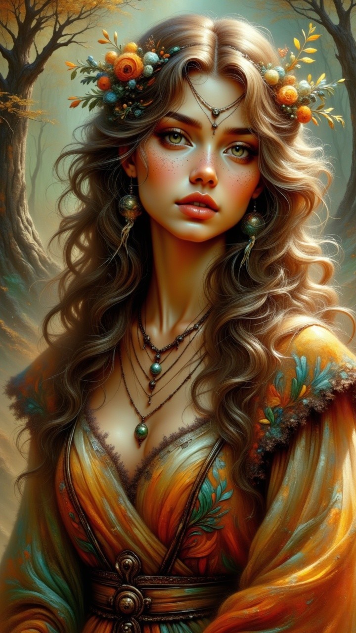 Serene Woman in Floral Dress in Enchanting Forest