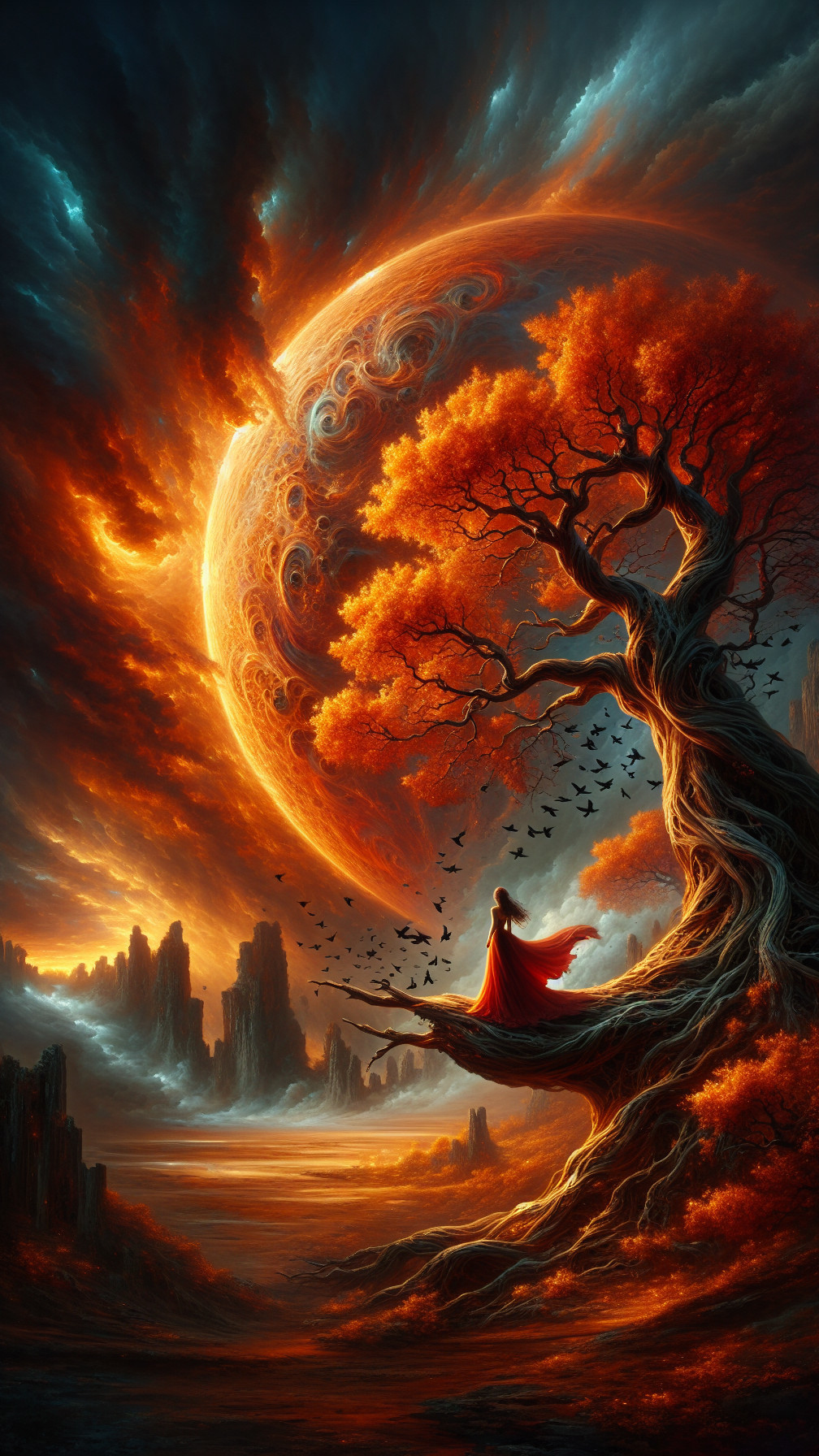 Solitary Figure in Red Cloak Against Surreal Landscape