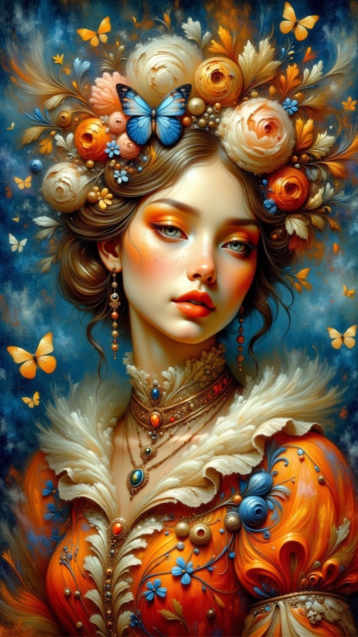 Young woman in ornate gown with flowers and butterflies